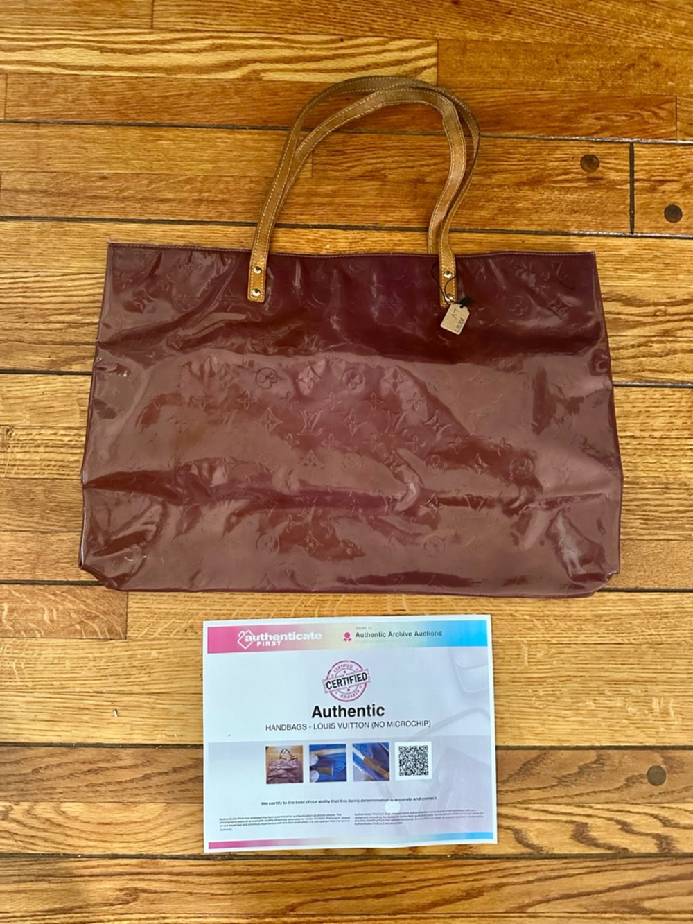 Authentic Louis Vuitton Burgundy Vernis Patent Leather Tote with Tan Handles